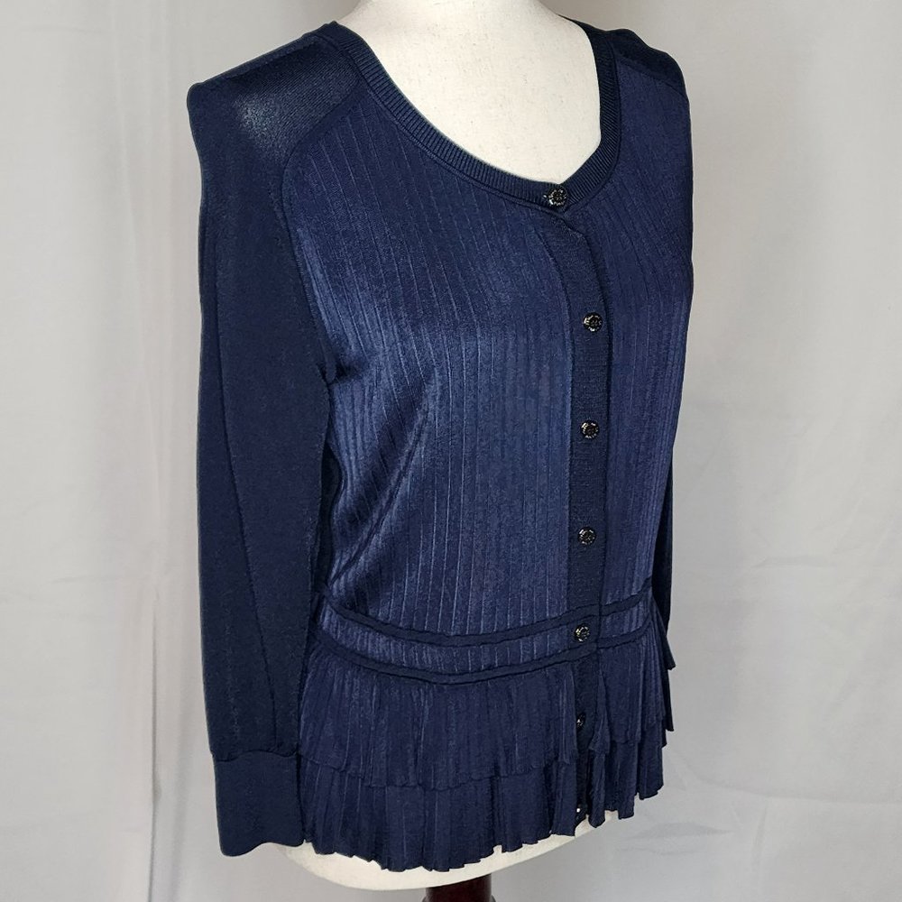 Oscar de la Renta Navy Button Front Ruffle Hem Cardigan Size: L - Picture 6 of 16